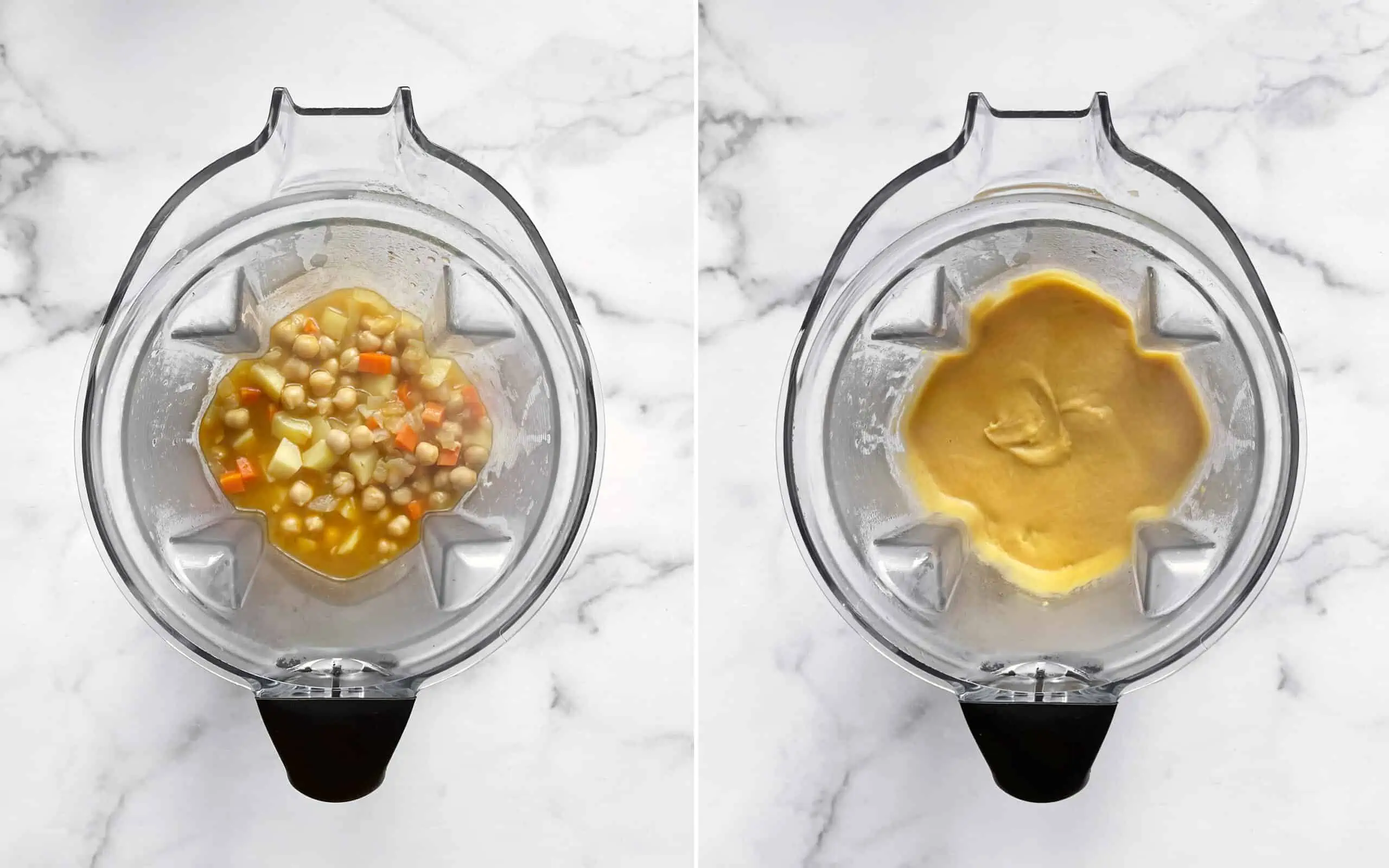 Half the soup in the blender before and after it is pureed.