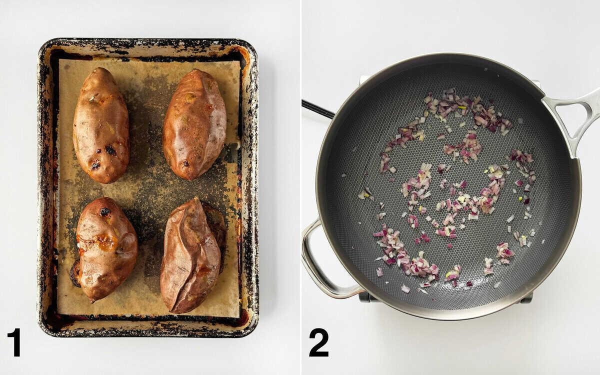 Four baked sweet potatoes on a sheet pan. Red onions sauteing in a skillet.