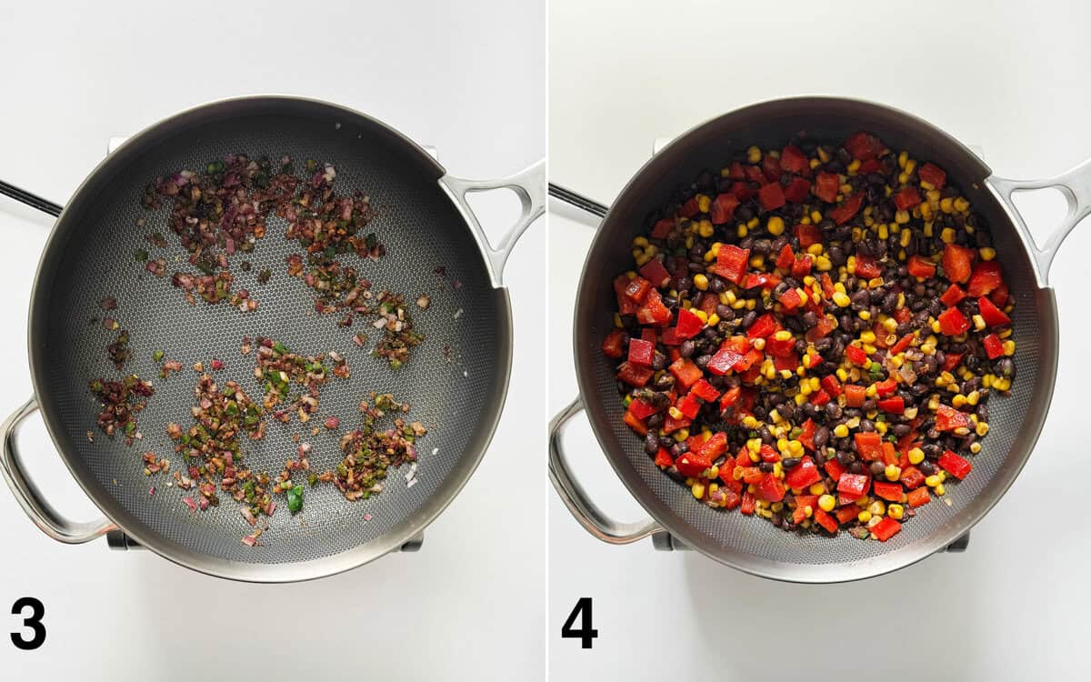 Jalapenos and seasonings sauteing with red onions in a skillet. Black beans, red peppers and corn stirred into red onions.