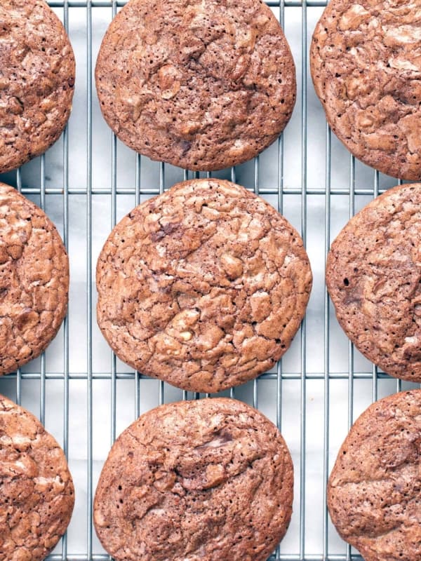 Double Chocolate Cookies on a cooling rack