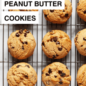 Peanut butter chocolate chip cookies on a wire cooling rack.