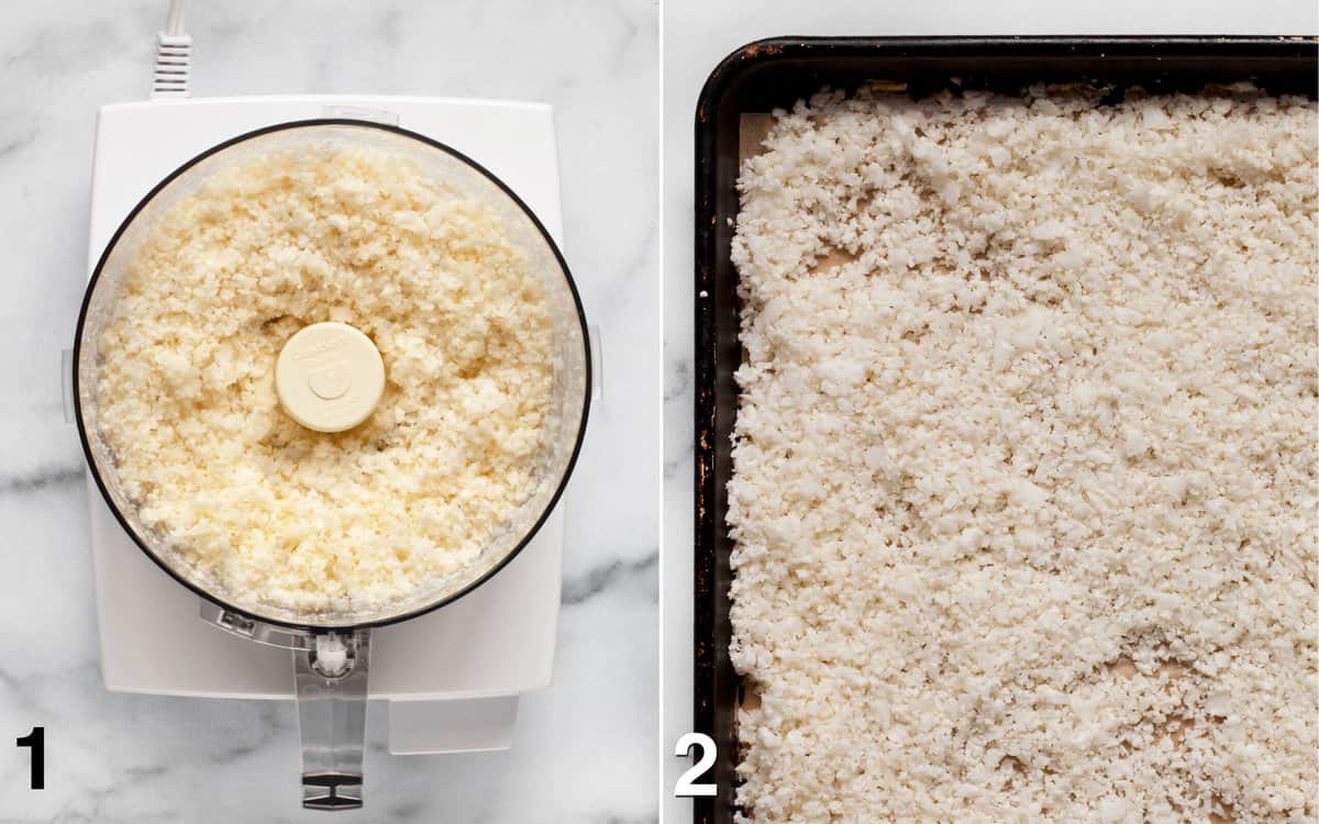 Rice cauliflower in a food processor. Cauliflower rice spread out on a sheet pan.