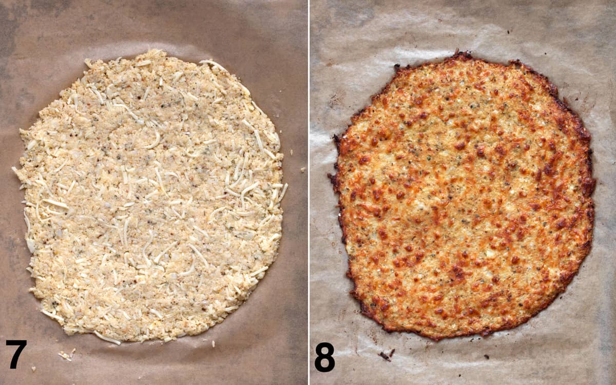 Cauliflower crust on a pan before and after it is baked.