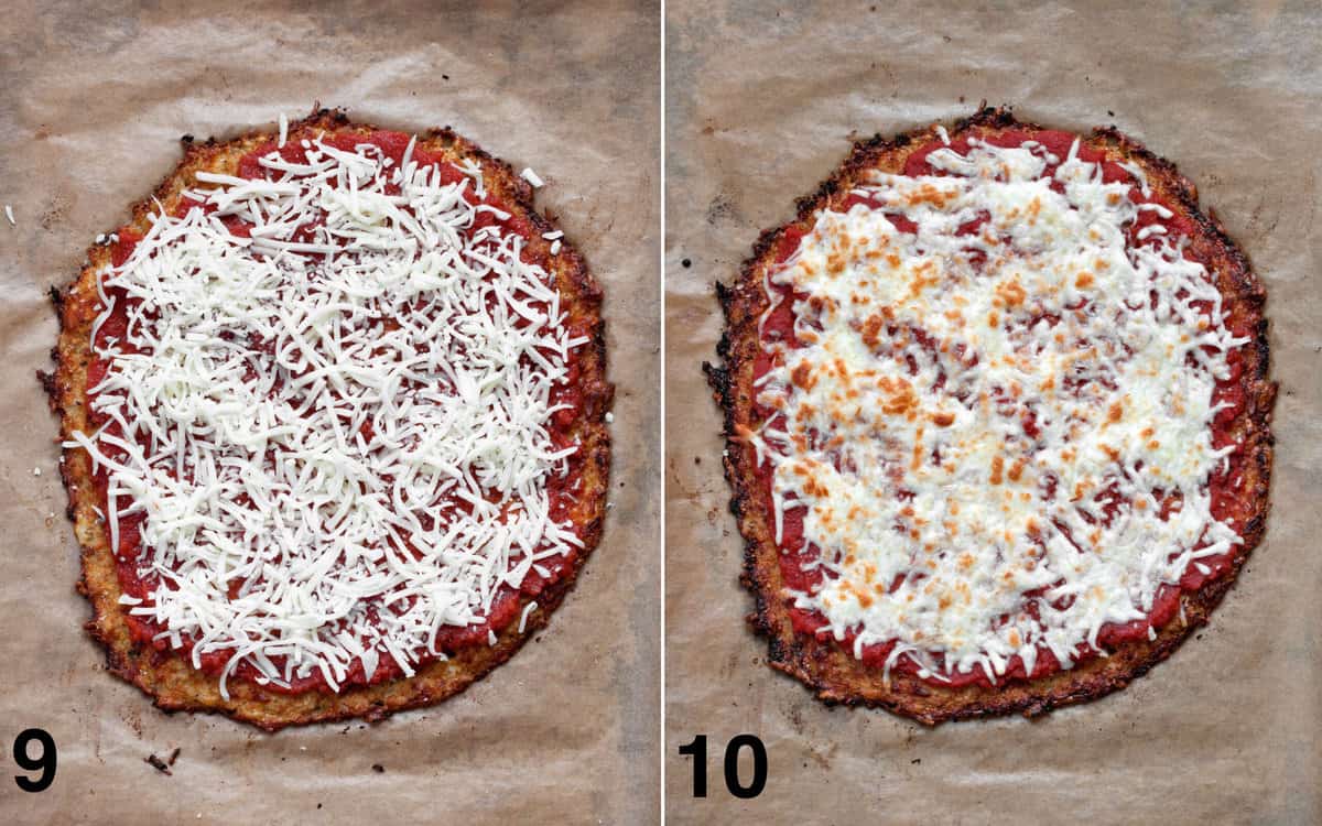 Assembled cauliflower pizza before and after it is baked in the oven.
