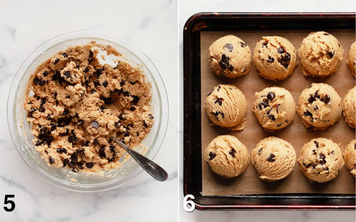 Chocolate chips stirred into cookie dough. Dough scooped into balls lined up on a pan before they chill in the fridge.
