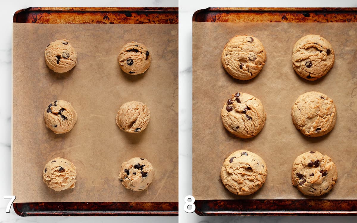 Cookies on a sheet pan before and after they are baked.