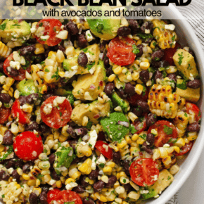 Black bean corn avocado salad in a serving bowl.