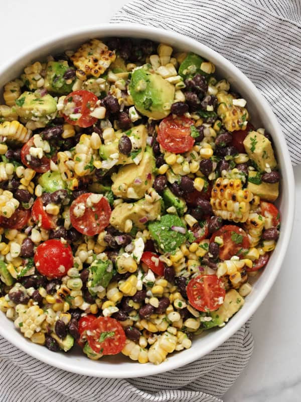 Black bean corn avocado salad in a bowl.