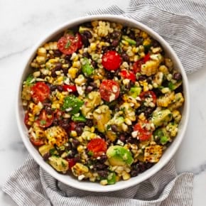 Grilled corn black bean salad in a bowl.