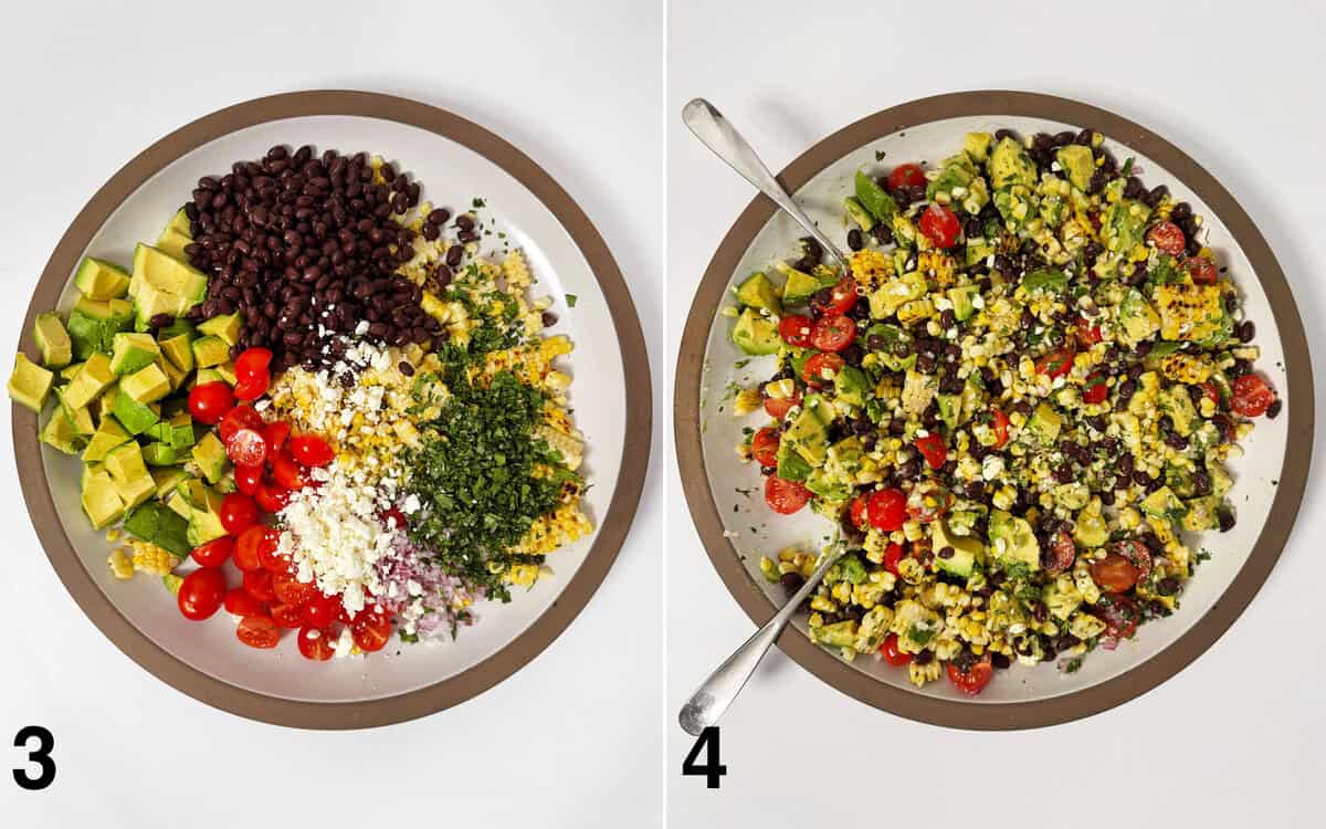 Salad ingredients assembled in a large bowl. Salad tossed with dressing.