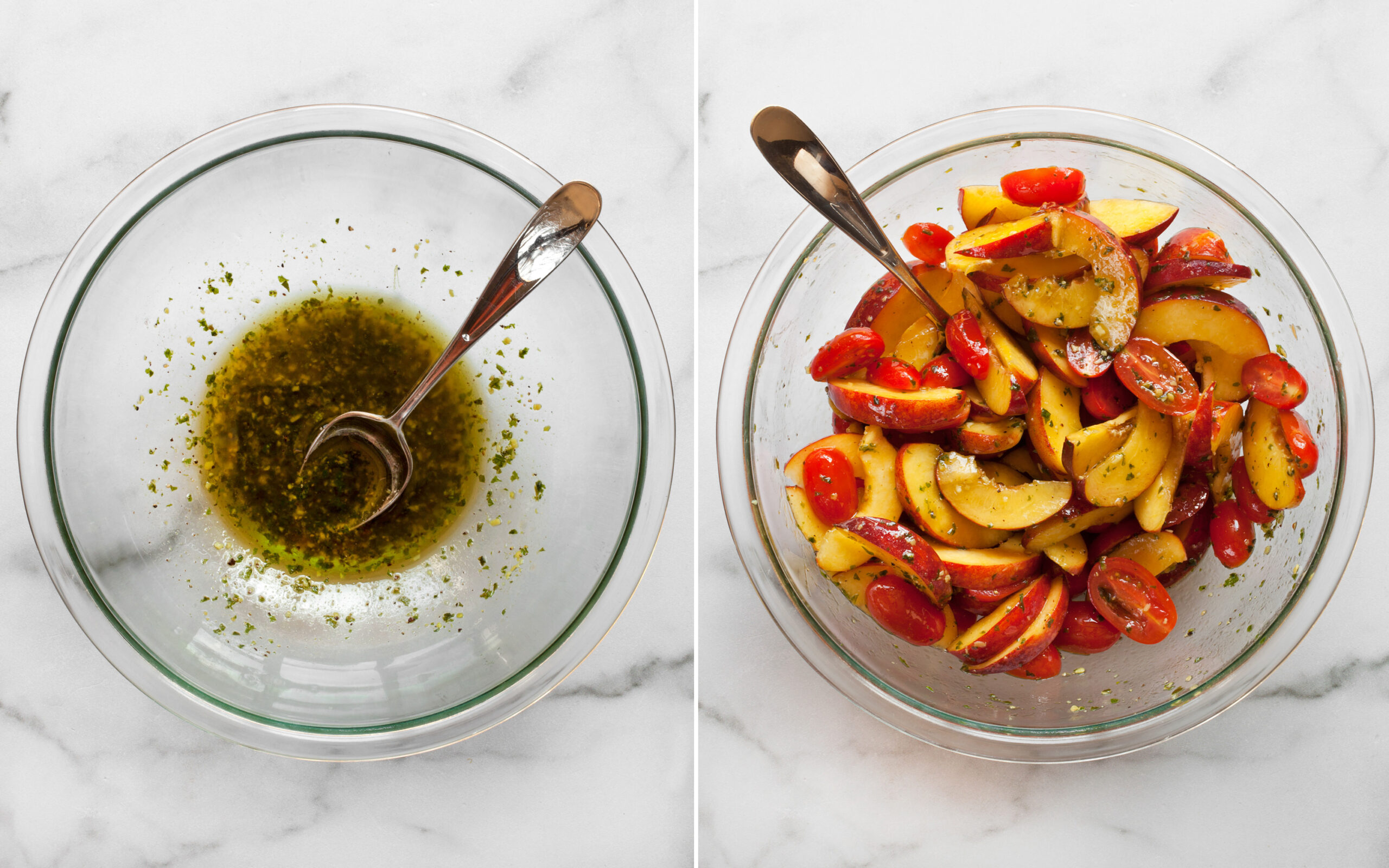 Whisk the pesto vinaigrette in a large bowl. Then atir in the tomatoes and peaches.
