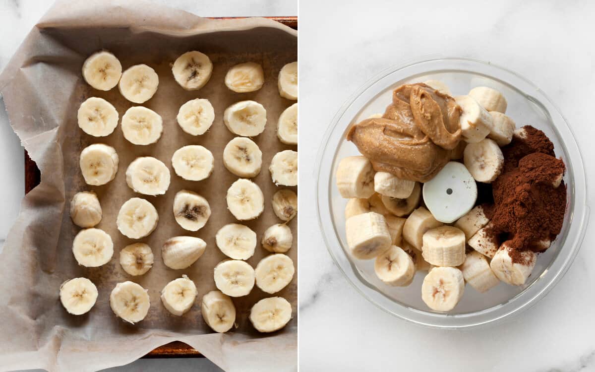 Freeze the banana chunks on a pan. Then put the bananas in a food processor with peanut butter, cocoa powder and milk.