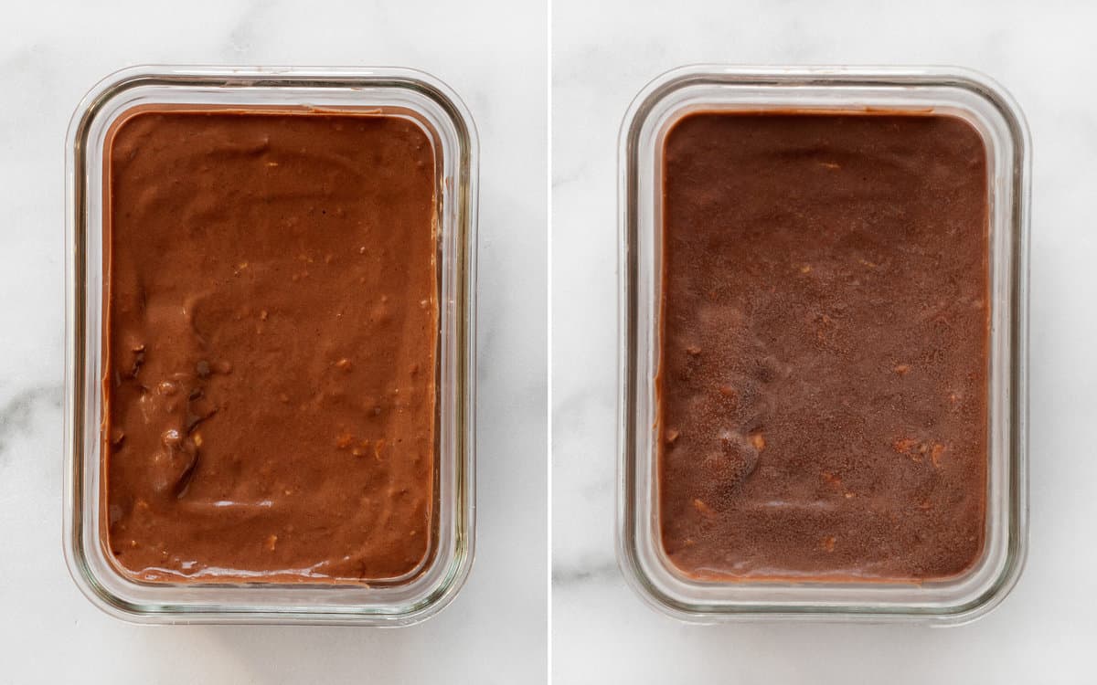 Ice cream in a container before and after it is frozen.