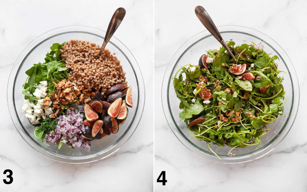 Large bowl with arugula, couscous,figs, onions, goat cheese and walnuts; salad tossed together with dressing.