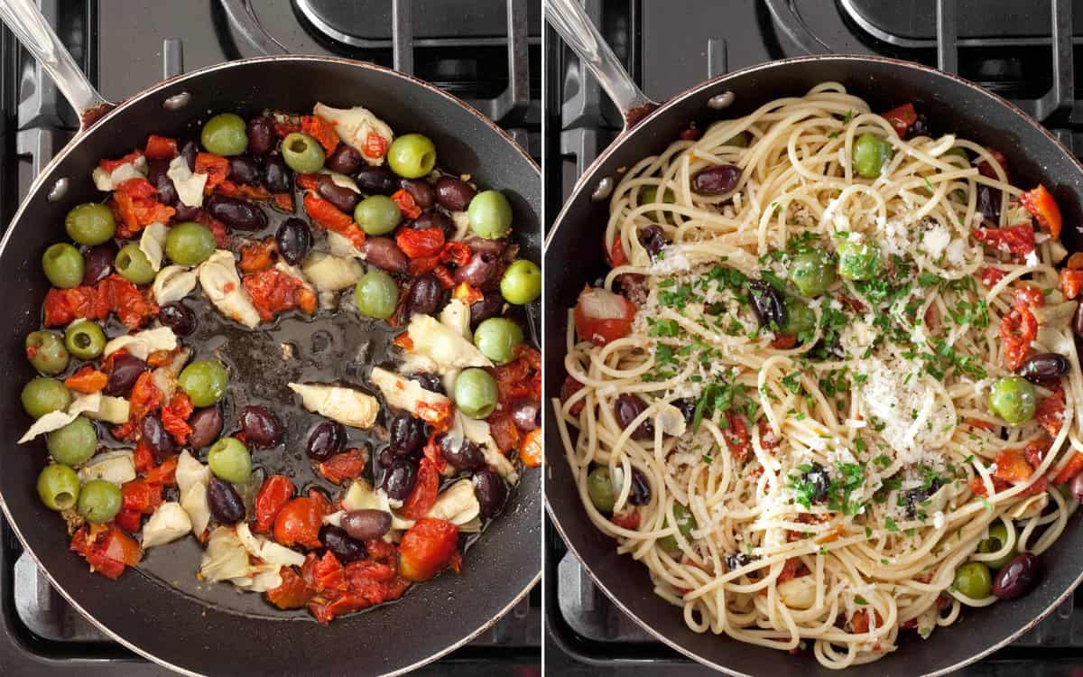 Saute the olives, olives tomatoes and artichokes in a skillet on the stove. Then stir in the pasta, Parmesan and parsley.