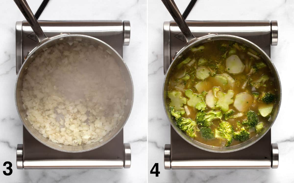 Garlic, salt and pepper stirred into sauteed onions. Broth with broccoli florets and stems and potatoes in pot simmering.