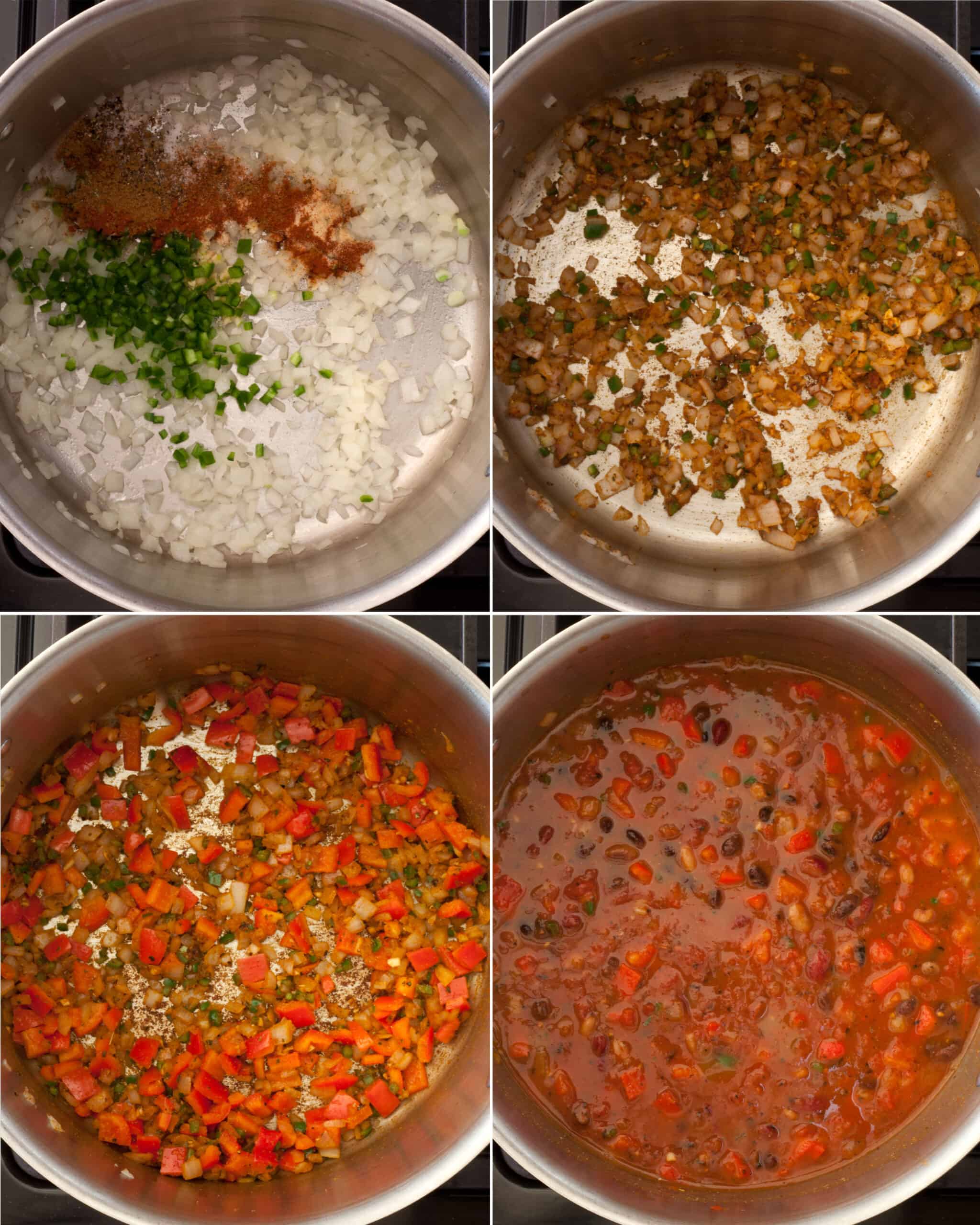Steps showing how to make chili from sauteing the onions to  simmering the tomatoes and beans