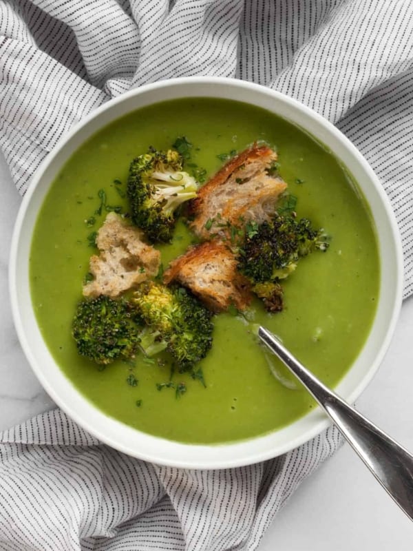 Broccoli spinach soup in a bowl.