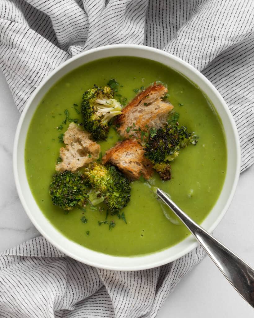 Broccoli spinach soup in a bowl.