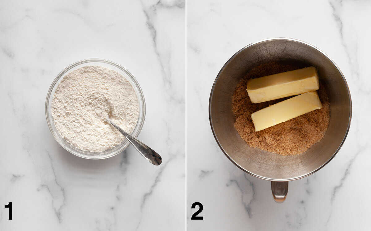 Dry ingredients in a bowl. Butter and sugars in a mixing bowl.