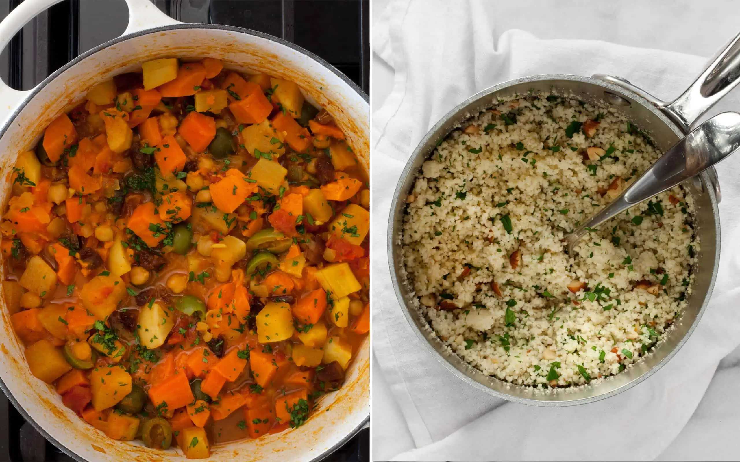 Vegetable tagine on the stove with couscous in a pot