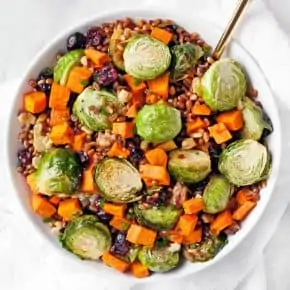 Wheat Berry Salad with Brussels Sprouts & Sweet Potatoes