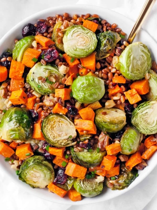 Wheat Berry Salad with Brussels Sprouts & Sweet Potatoes