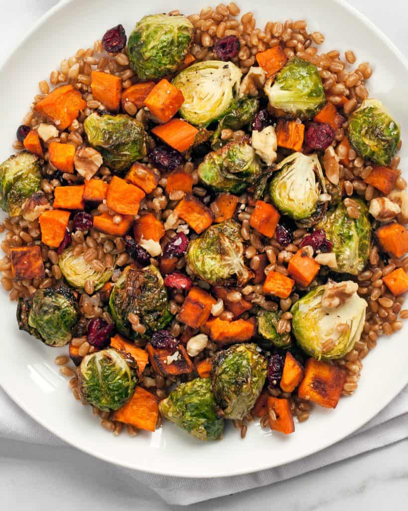 Wheat Berry Salad with Brussels Sprouts & Sweet Potatoes