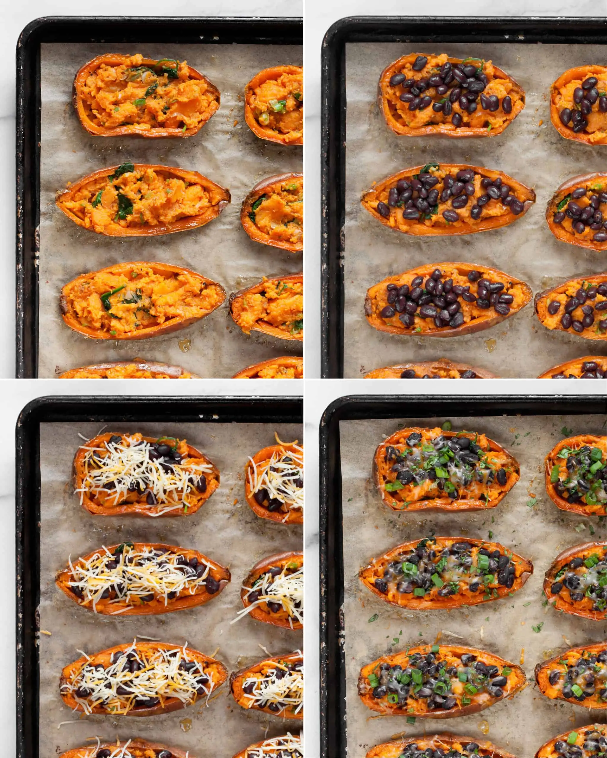 Steps showing how to assemble sweet potatoes including spooning in the filling, topping with black beans and cheese