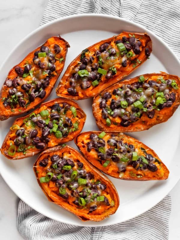 Loaded sweet potato skins on a plate