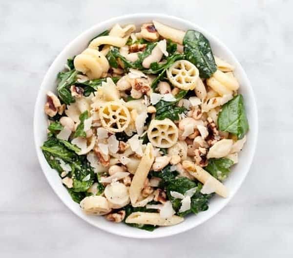 Pasta with Baby Greens, Beans and Walnuts