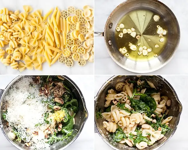 Pasta with Baby Greens, Beans and Walnuts