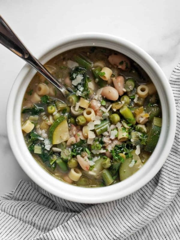 Bowl of spring minestrone soup.