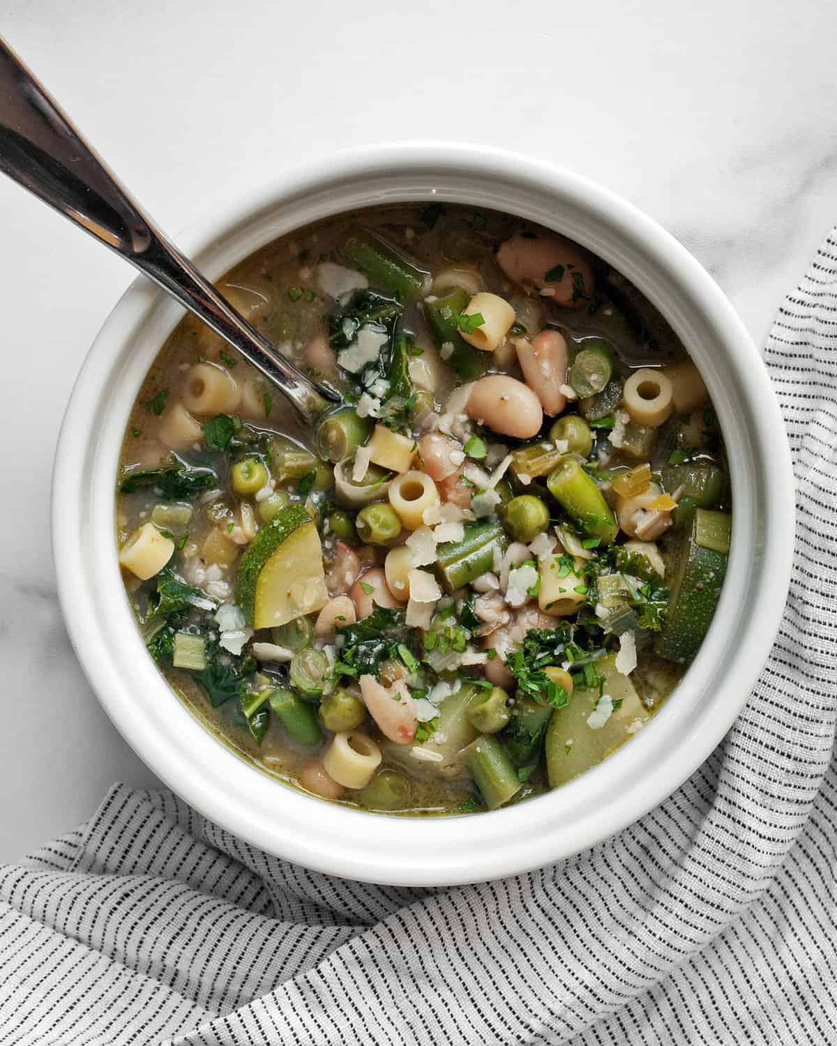 Bowl of spring minestrone soup.