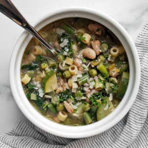 Spring minestrone soup in a bowl.