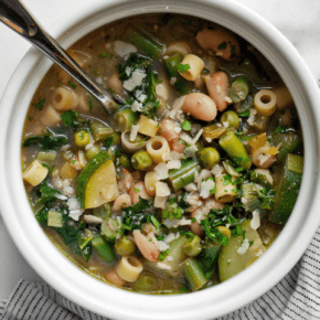 Bowl of spring minestrone soup.