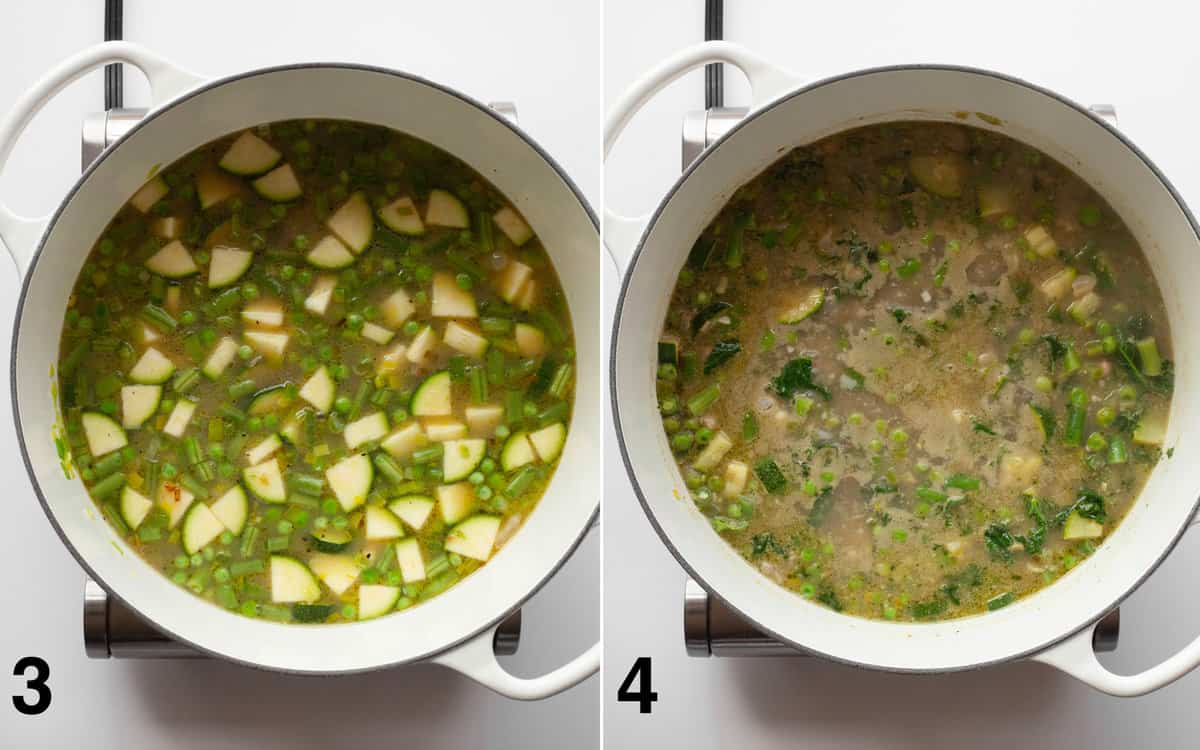Simmer the soup with the vegetables and broth. Then stir in the kale, pesto and lemon juice.