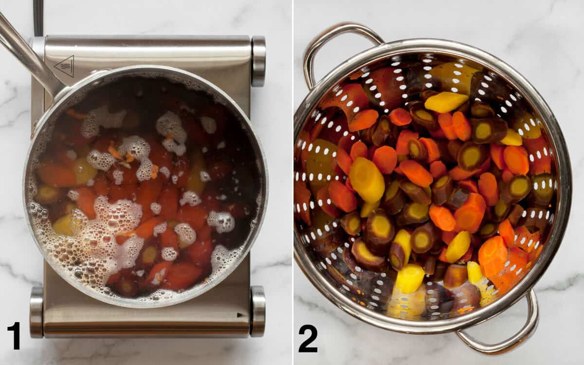 Carrots simmering in saucepan. Carrots drained in colander.