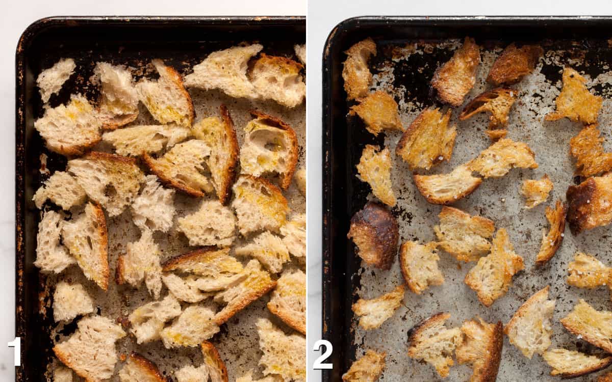 Bread on a sheet pan before and after it is toasted in the oven.