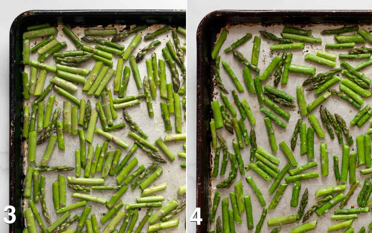 Asparagus on a sheet pan before and after it is roasted in the oven.