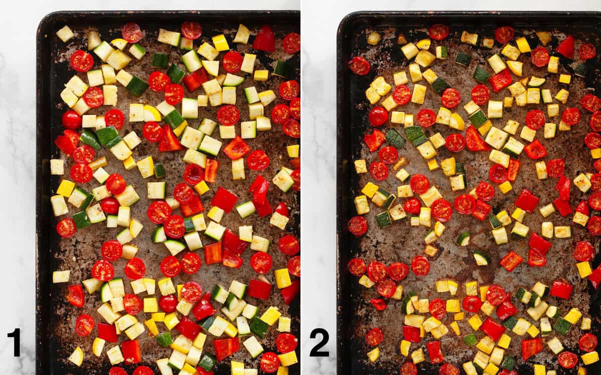 Vegetables on sheet pan before and after they roast.