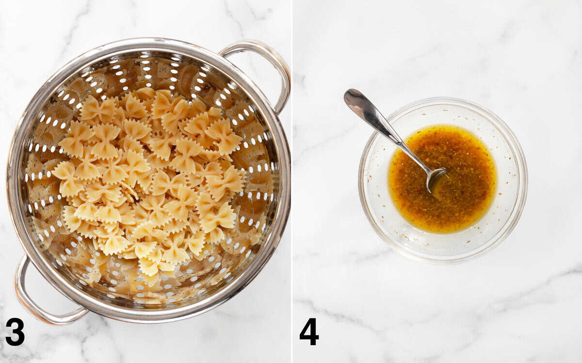 Cooked farfalle pasta in a colander. Vinaigrette mixed in a small bowl.