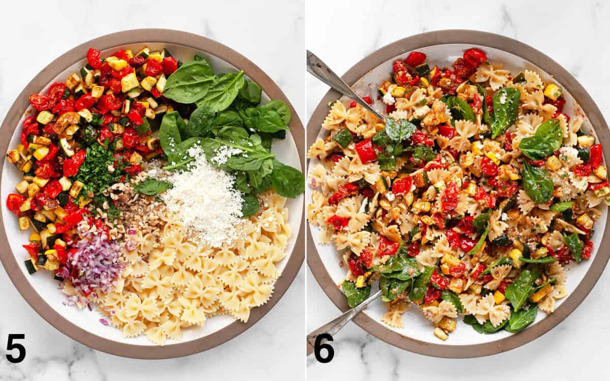 Pasta salad ingredients assembled in a large bowl. Salad tossed with dressing.