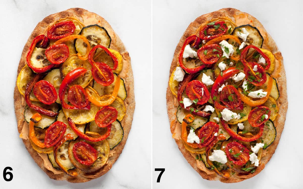 Naan with roasted veggies; naan with roasted veggies, feta and herbs.