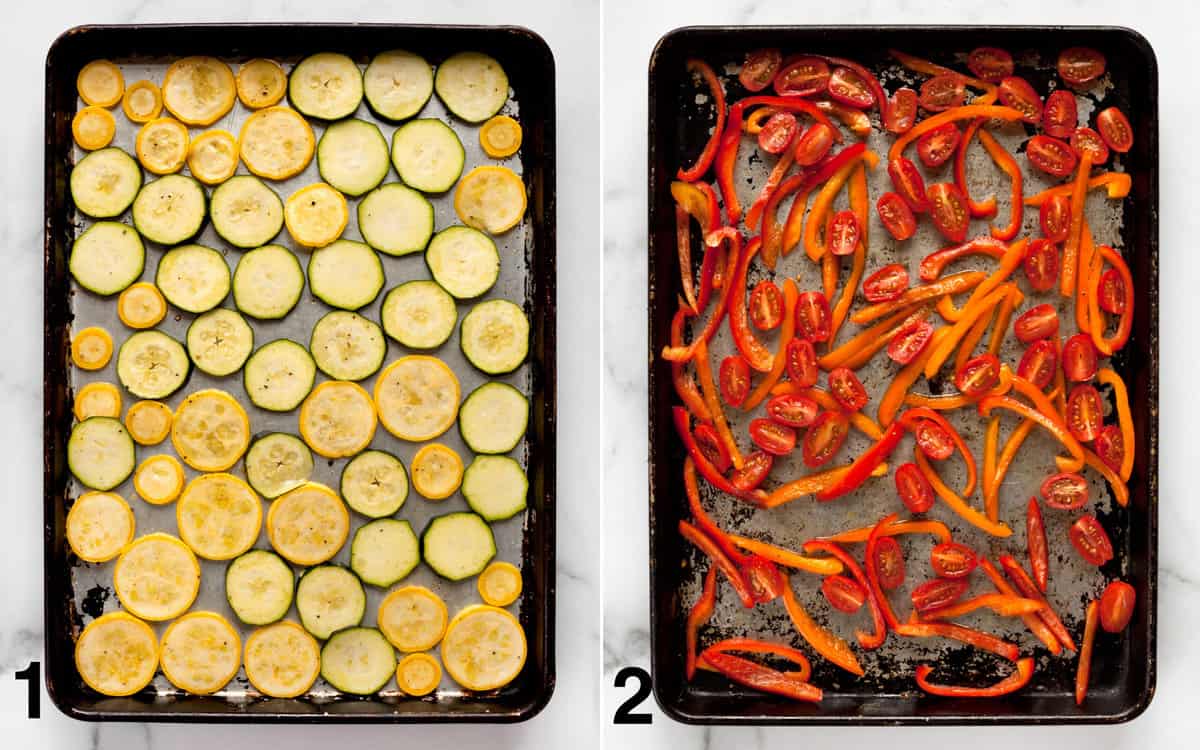 Sliced zucchini and squash on a sheet pan. Sliced peppers and halved grape tomatoes on a sheet pan.