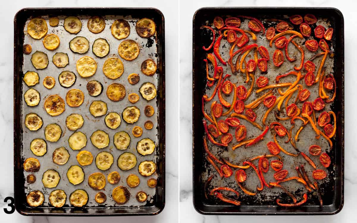 Roasted sliced zucchini and squash on a sheet pan. Roasted sliced peppers and halved grape tomatoes on a sheet pan.