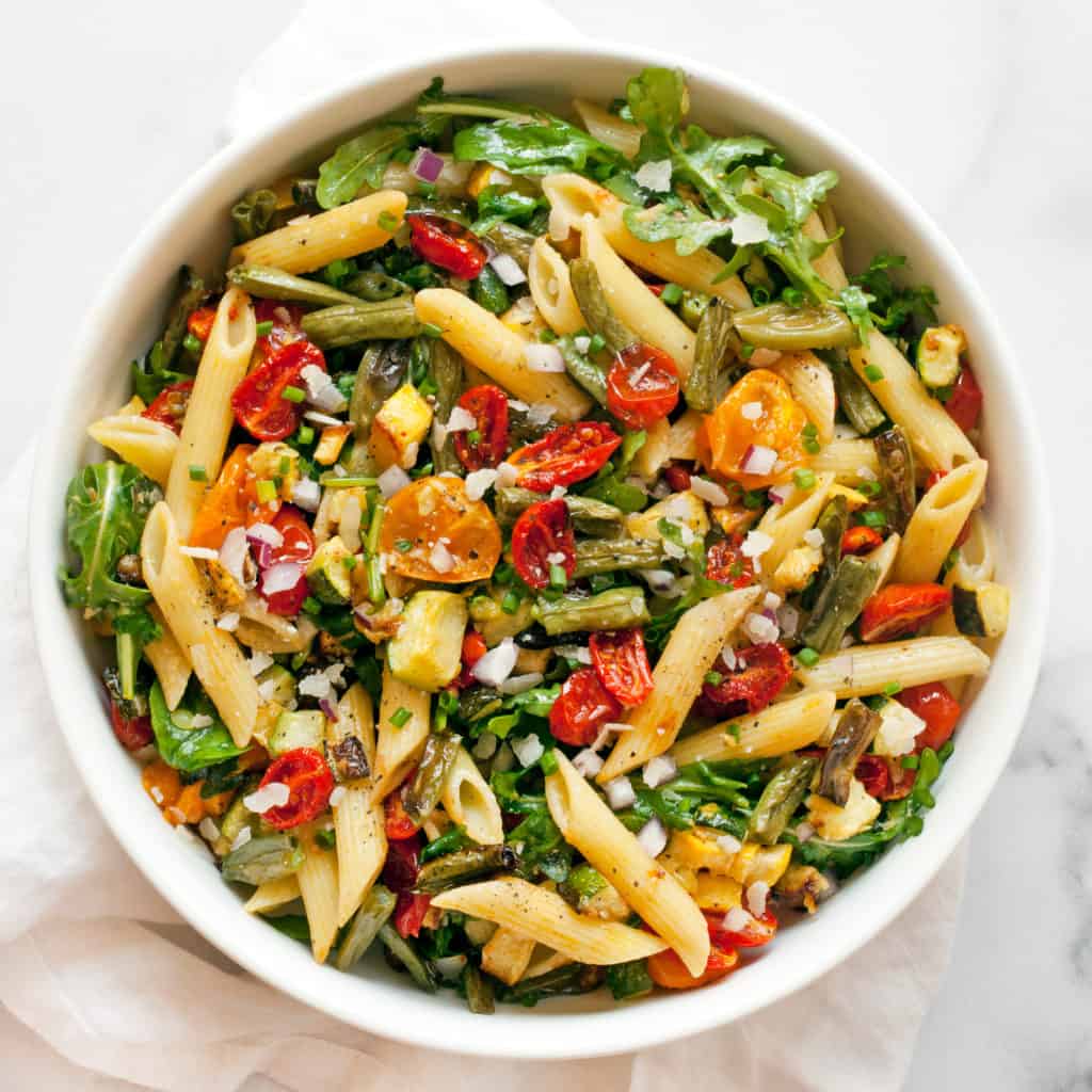 Roasted Tomato Zucchini Squash Pasta Salad