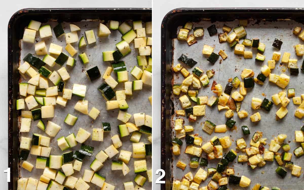 Zucchini and squash on a sheet pan before and after they are roasted.