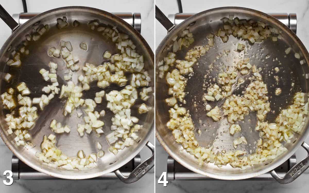 Onions sautéing in a skillet. Minced garlic and seasonings stirred into sautéed onions.