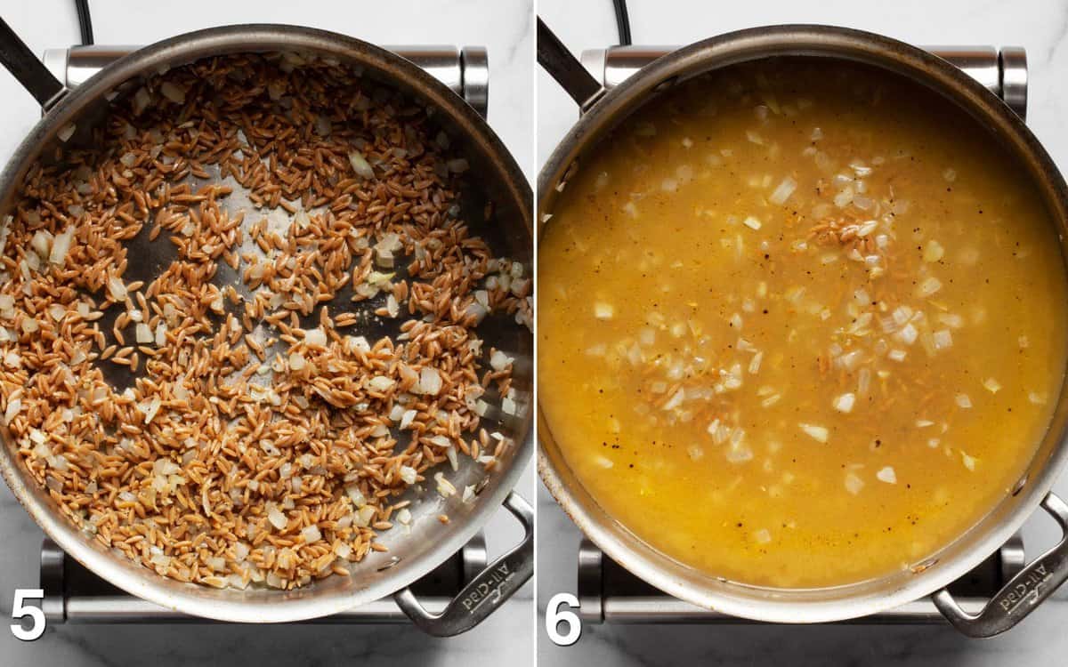 Orzo stirred into onions in a skillet. Vegetable broth poured into skillet.